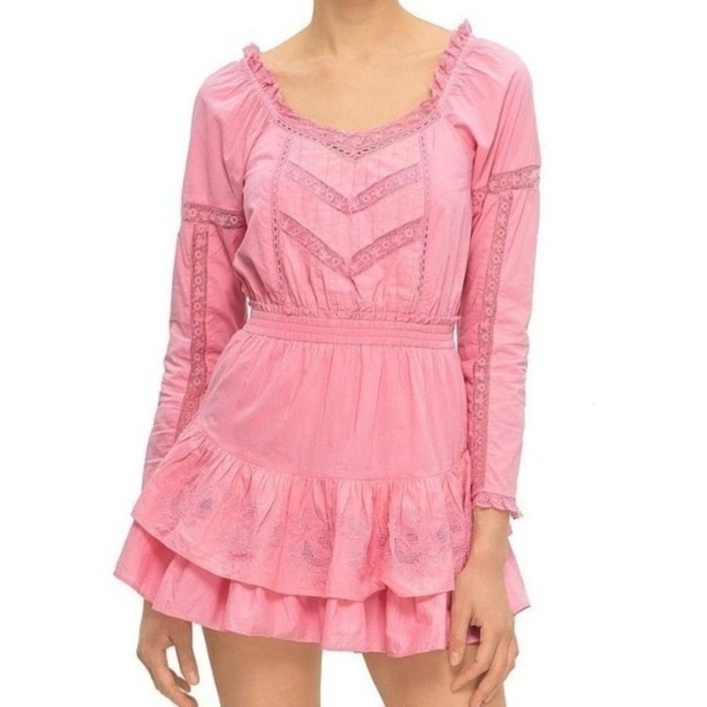 LoveShackFancy Sanaya Dress XL Vivid Pink‎ Long Sleeve Ruffle Tiered Lace Trim